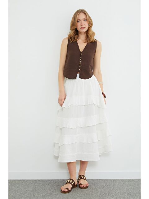 Fullamoda Beli Lastikli Müslin Kumaş Midi Boy Etek