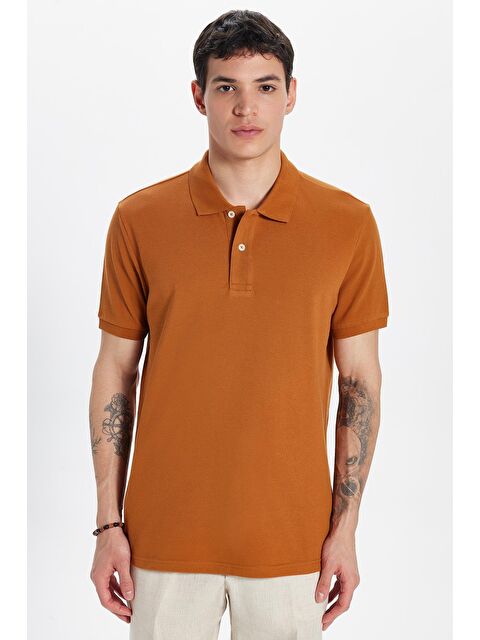 TUDORS Erkek Slim Fit Dar Kesim %100 Pamuk Kahverengi Polo Yaka Tişört