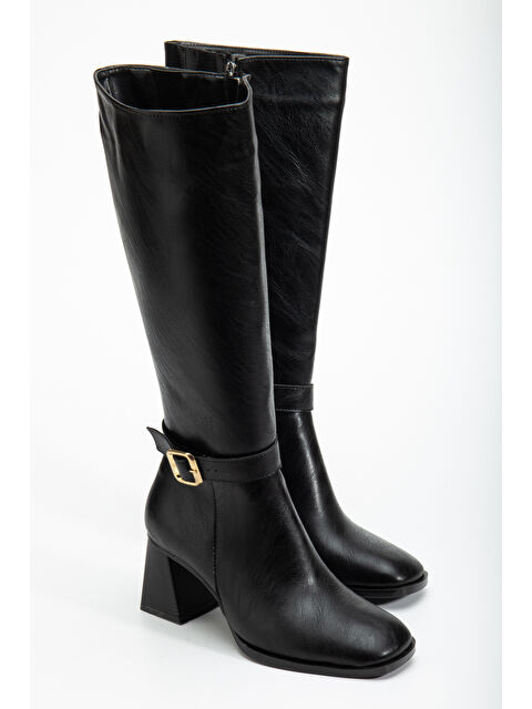 TONNY BLACK Kadın Siyah Cilt TPU Taban Kemer Tokalı Fermuarlı Topuklu Çizme - S000493857-14430