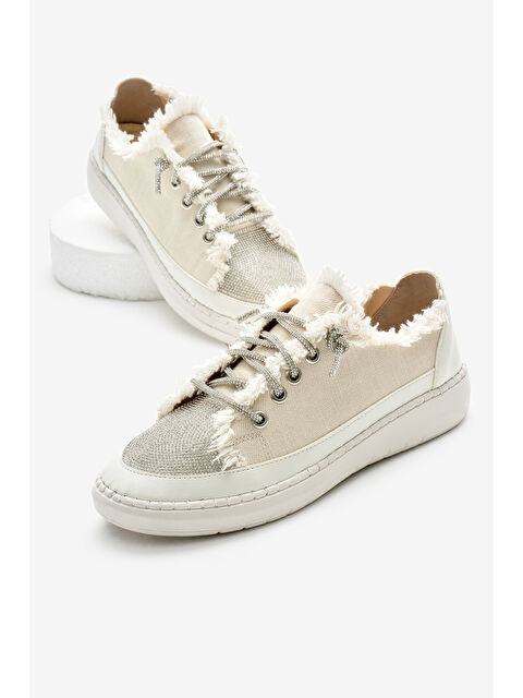 TONNY BLACK Kadın Bej Poli Taban Denim Kumaş Taşlı Bağcıklı Spor Ayakkabı - S000493822-19928