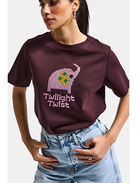 It's Basic Kadın Kahve Bordo Renk w5 Nakış Detaylı Oversize Tasarım T-Shirt