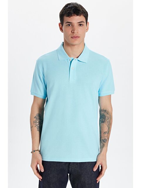 TUDORS Erkek Slim Fit Dar Kesim %100 Pamuk Mavi Polo Yaka Tişört