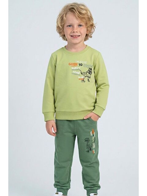 Breeze Erkek Çocuk Eşofman Takımı Dinozor Kampı Sırt Baskı Detaylı Fıstık Yeşili (2-6 Yaş)