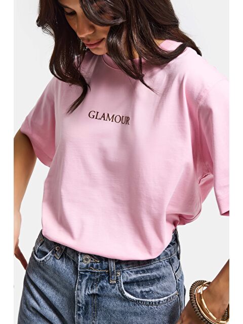 It's Basic Kadın Pembe s6-98 Oversize Glamour Baskılı %100 Pamuk T-Shirt