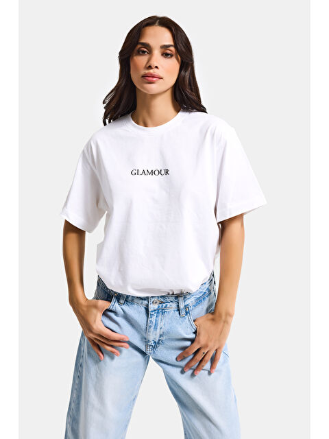 It's Basic Kadın Beyaz s6-127 Oversize Glamour Baskılı %100 Pamuk T-Shirt