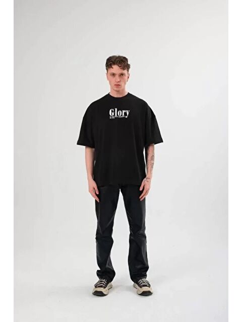 Jane's Unisex Bisiklet Yaka Baskılı Oversize T-Shirt - Siyah - S000528852-19351