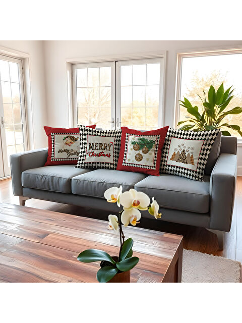 Evmila 4 lü Yılbaşı Temalı Fermuarlı Kadife Kırlent Kılıfı Seti - S000291161-23173