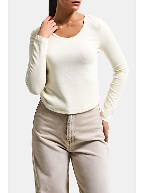 It's Basic Kadın Ekru w5 %100 Organik Pamuk Esnek Rahat Kesim Bluz