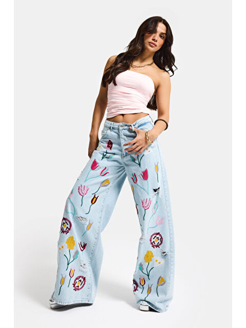 It's Basic Kadın Ice 11s6-3 Palazzo Fit Gül Çiçek Nakış Detaylı Özel Tasarım Denim Jean