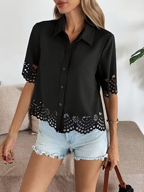 Jane's Kadın Kısa Kollu Yakalı önden Düğmeli Dubai Gömlek Bluz