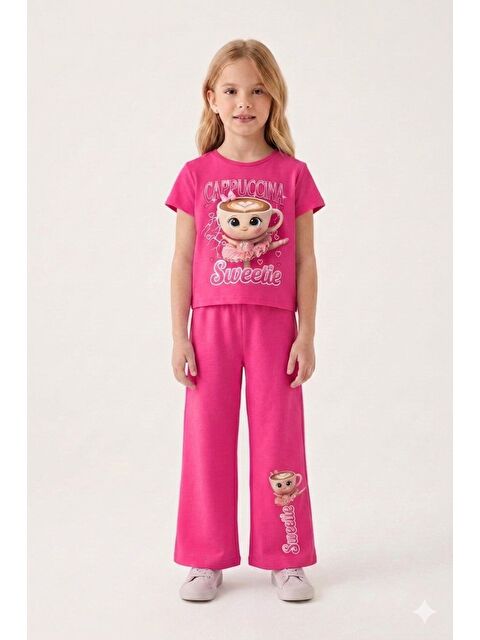 Cansın Mini Pembe Ballerin Baskılı Geniş Paça Taytlı Kız Çocuk 2li Takım 23798