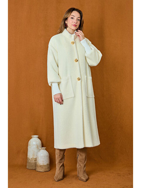 Remsa Broş Detaylı Angora Kaban Mont 15231 Ekru - S000463810-19965