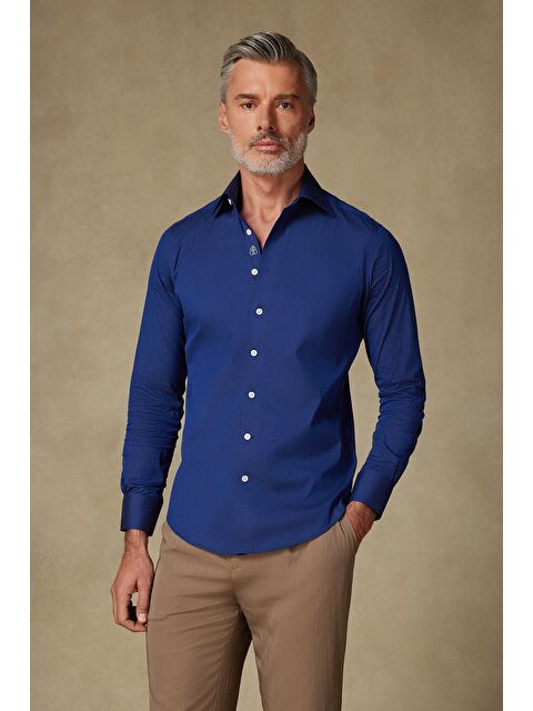 ABBATE Sartoria Poplin Stretch Pamuk Karışımlı Slim Fit Lacivert İtalyan Yaka Erkek Düz Gömlek - S000438127-21164