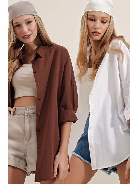 Bigdart 3900 Oversize Uzun Basic Gömlek İkili Paket - Beyaz Ve Kahve