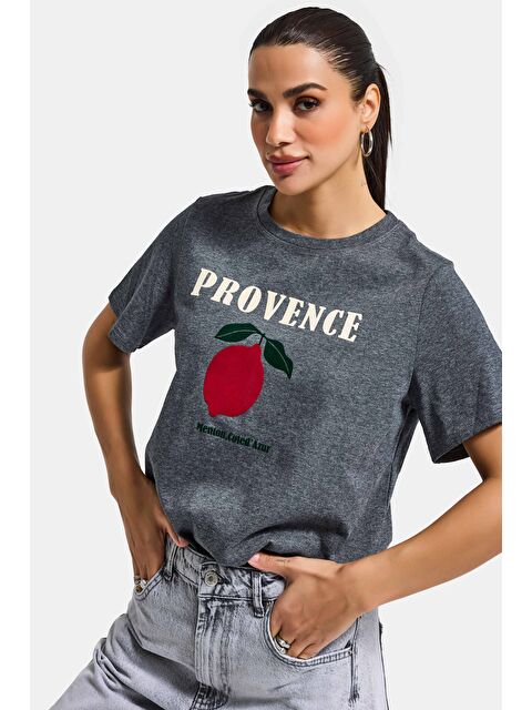 It's Basic Kadın Gri w5 Oversize Baskılı %100 Pamuk T-Shirt