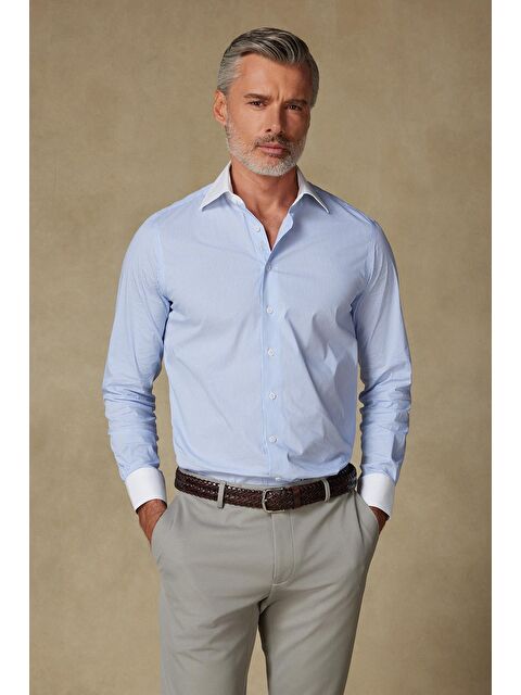ABBATE Sartoria Poplin Stretch Pamuk Karışımlı Slim Fit Açık Mavi İtalyan Yaka Erkek Çizgili Gömlek - S000438128-17437