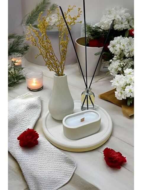 Havalı Tasarım Dekoratif Damla Vazo , Yuvarlak Tabak , Bambu Fitilli Mum , Oda Kokusu (Fresh) - S000323127-20063