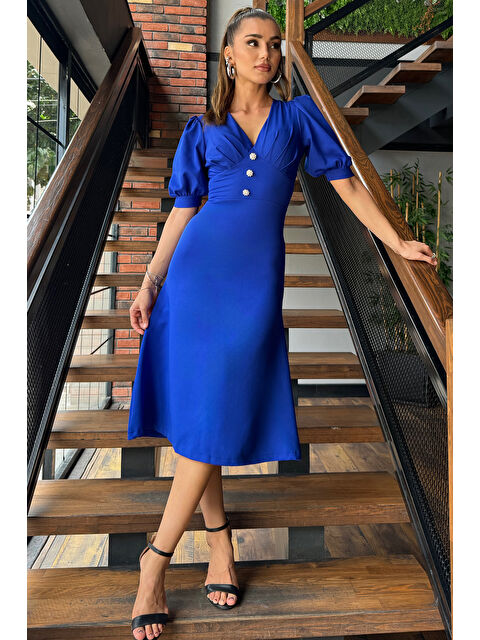 Gülseli V Yaka Düğme Detaylı Midi Boy Elbise - S000289615-23710