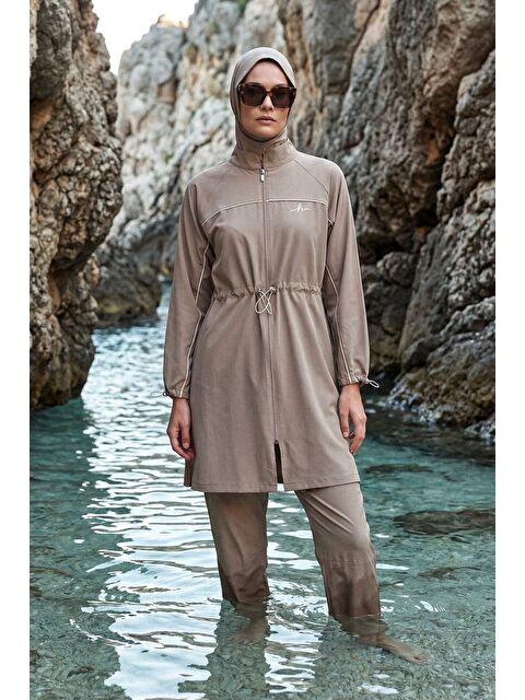 Haşema Krem Biyeli Vizon 6 Parça Tam Tesettür Mayo Takımı 5013