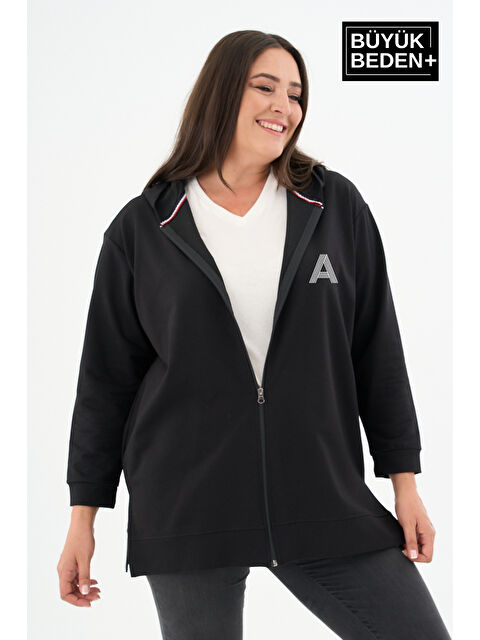 Süperlife Kadın Tunik Büyük Beden A Baskılı Fermuarlı Kapüşonlu Sweat Hırka SPR26BTK955-3 - S000505479-19351