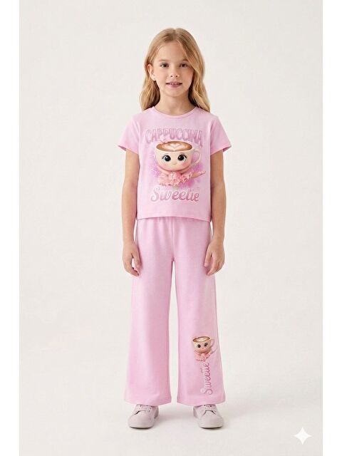 Cansın Mini Açık Pembe Ballerin Baskılı Geniş Paça Taytlı Kız Çocuk 2li Takım 23800