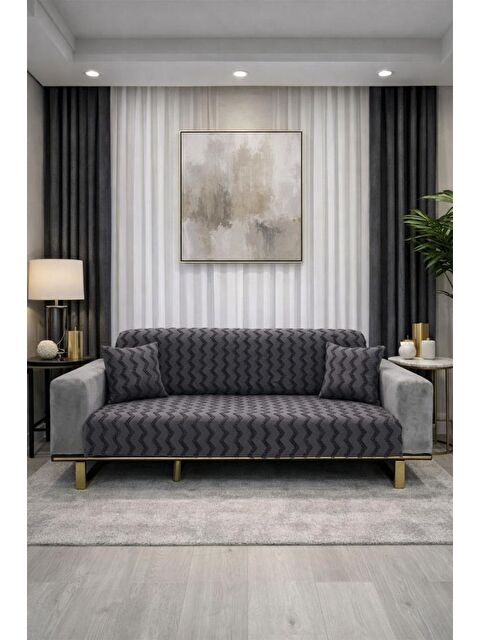 Çeyiz Diyarı Lumpa Kırlent Kılıfı Hediyeli 170x210 cm Pamuklu Koltuk Örtüsü Antrasit - S000501177-29666