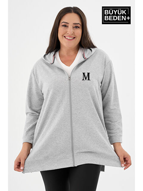 Süperlife Kadın Tunik Büyük Beden M Baskılı Fermuarlı Kapüşonlu Sweat Hırka SPR26BTK955-4 - S000505480-17308