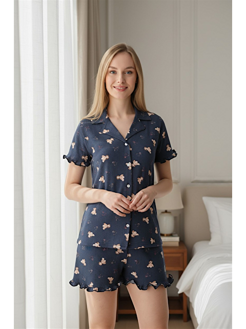 SEBOTEKS Bürümcük Kumaş Önden Düğmeli Kısa Kollu Şortlu Kadın Pijama Takımı 3900 - S000529497-21164