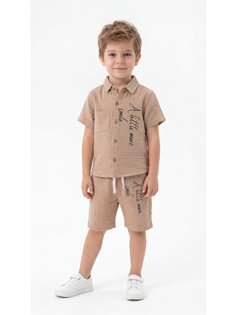 Mışıl Kids A Little More Smile Baskılı Cep Detaylı Erkek Çocuk Gömlek & Şort Takımı