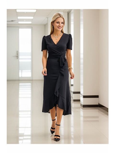 Jane's Kadın Kruvaze Yaka Midi Boy Kuşaklı Krep Elbise 120 Cm - S000527708-19351