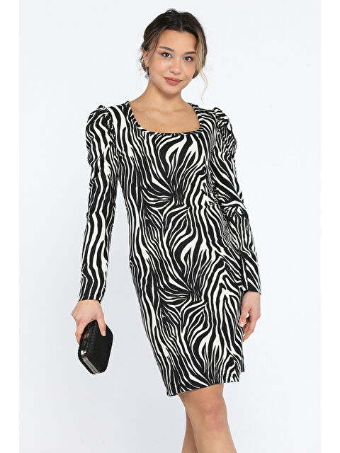 Gülseli Zebra Desenli Kare Yaka Süet Elbise - S000299425-37424