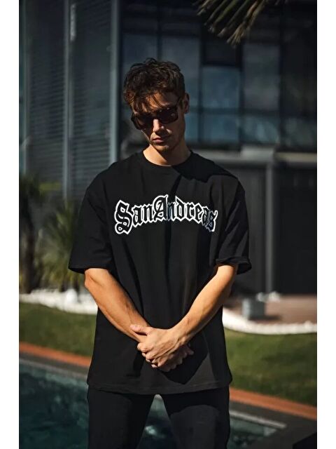 Jane's Unisex Bisiklet Yaka Baskılı Oversize T-Shirt - Siyah - S000528856-19351