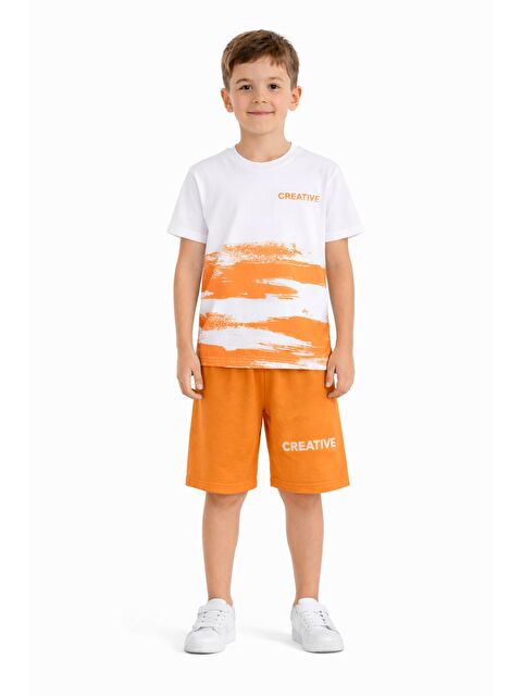 Cansın Mini Turuncu Creative Yazılı Desenli Tişörtlü Erkek Çocuk Şortlu Takım 23793