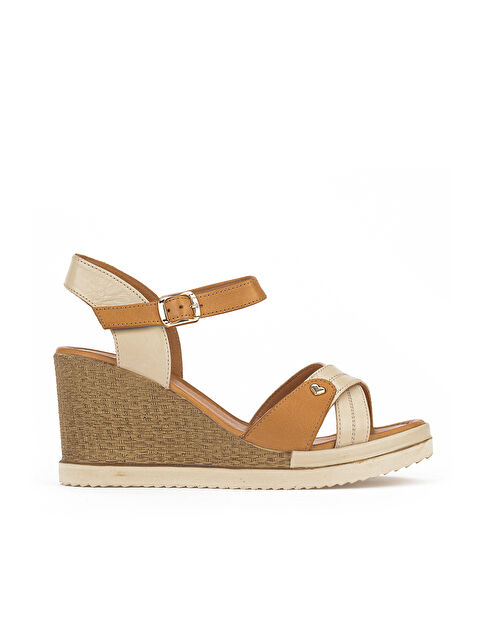 Ziya Ayakkabı Kadın Hakiki Deri Dolgu Topuk Sandalet 161992Z505 Bej