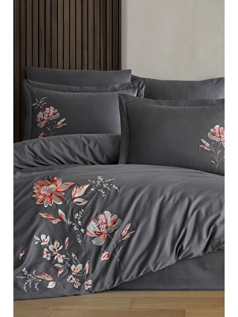 Çeyiz Diyarı İmpero Nakışlı %100 Pamuk Saten Çift Kişilik Nevresim Takımı Antrasit - S000493186-29666