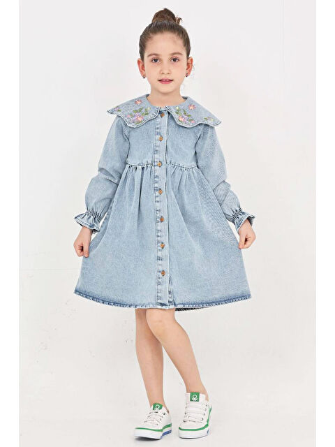 Modanino Kız Çocuk Yaka Detaylı ve Boydan Düğmeli Jean Elbise 12339 - S000466091-17234