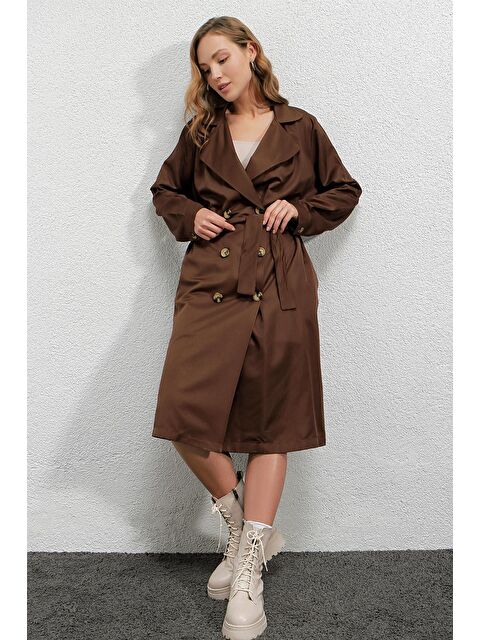 Hazelin Kadın Kahverengi Kruvaze Yaka Kemerli Astarsız Mevsimlik Rahat Trençkot Hzl22s-bd158531 - S000045017-19413