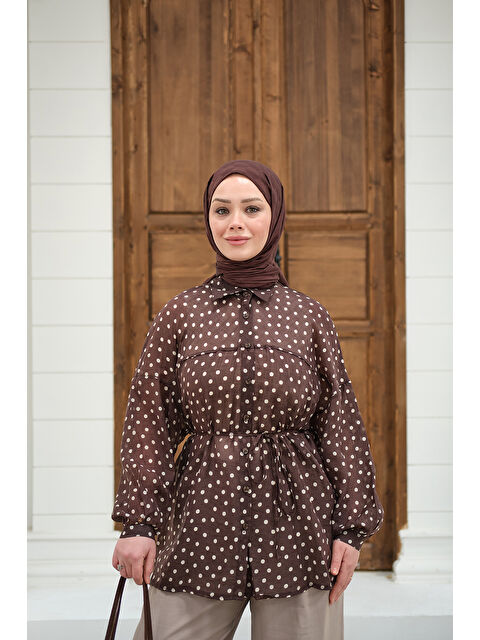 Locco Moda Kadın Puantiyeli Tül Detay Bel Bağlamalı Gömlek Kahverengi