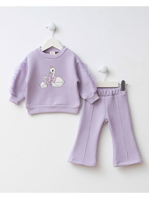 Magu Kız Çocuk Pamuklu Lila Kuğu Baskılı Sweatshirt İspanyol Paça Takım – Tül Kollu - S000439298-17878