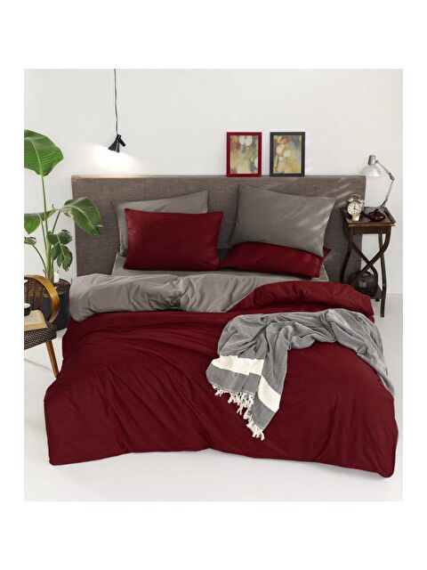 Çeyiz Diyarı Natural Çift Taraflı Çift Kişilik Nevresim Takımı Bordo Gri - S000493196-23173