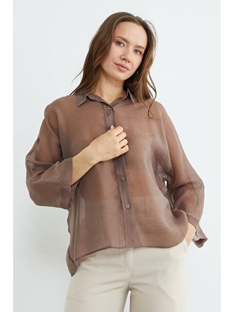 Fullamoda Jakarlı Kapri Kol Transparan Gömlek - S000518219-19413