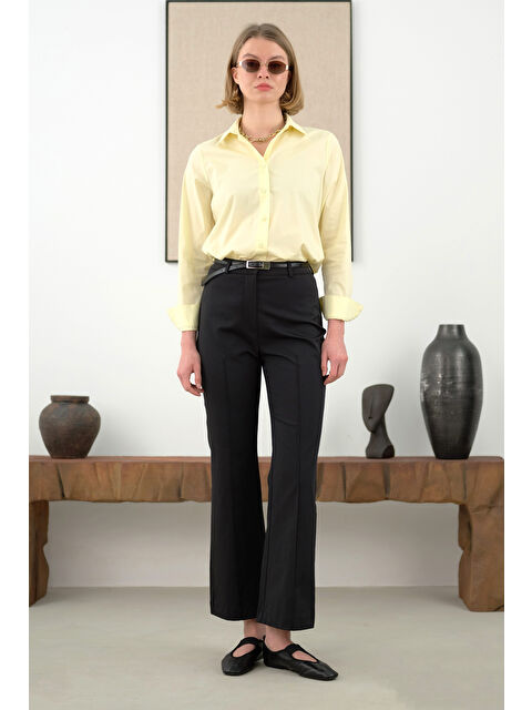 HE-QA Önü Yarım Nervürlü Pantolon Siyah