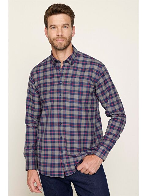 TUDORS Erkek Regular Fit Klasik Kesim Düğmeli Yaka Küçük Kareli Pamuklu Gömlek - S000026004-23173