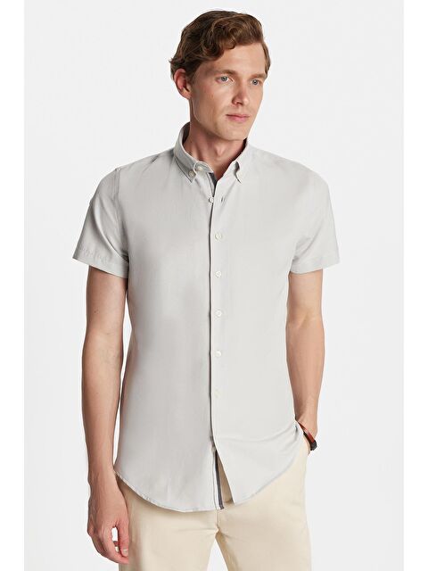 TUDORS Erkek Slim Fit Dar Kesim Kısa Kollu Spor Yaka Oxford Doku Pamuklu Gri Gömlek - S000519174-20600