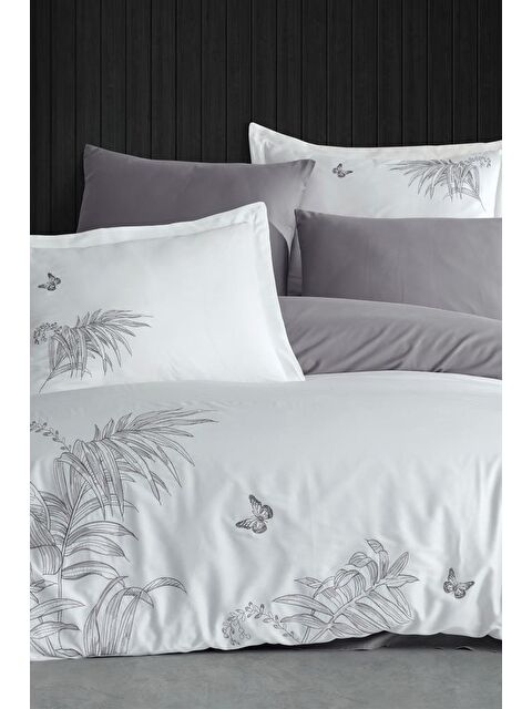 Çeyiz Diyarı Tropical Nakışlı %100 Pamuk Saten Çift Kişilik Nevresim Takımı Krem Gri - S000493210-23173