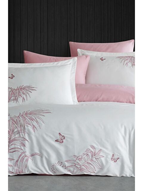 Çeyiz Diyarı Tropical Nakışlı %100 Pamuk Saten Çift Kişilik Nevresim Takımı Krem Pudra - S000493211-23173