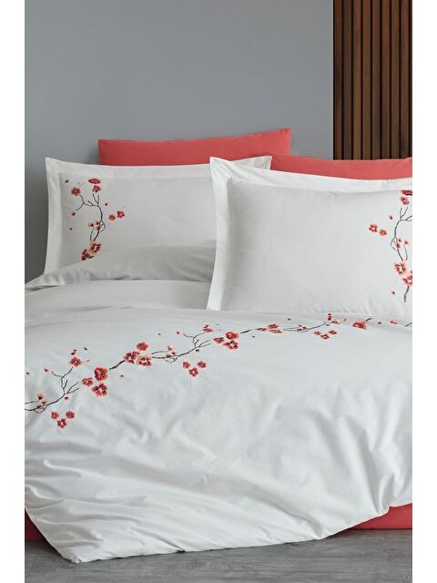 Çeyiz Diyarı Sakura Nakışlı %100 Pamuk Çift Kişilik Nevresim Takımı Krem - S000493214-19966