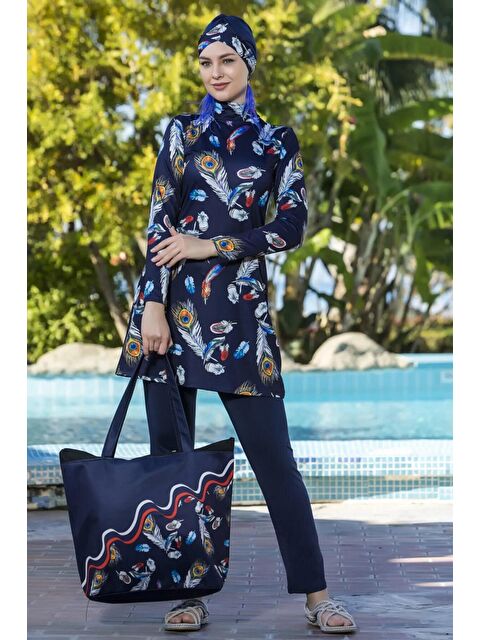 Hazelin Kadın Lacivert Uzun Kollu Likralı Tam Kapalı Tüy Desenli Tesettür Mayo HZL23S-AR12531 - S000044967-21164