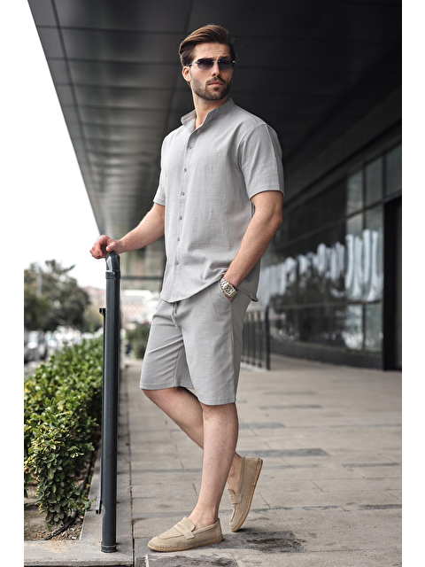 Madmext Boyalı Gri Erkek Şort Gömlek Takım E7350 - S000511454-22875
