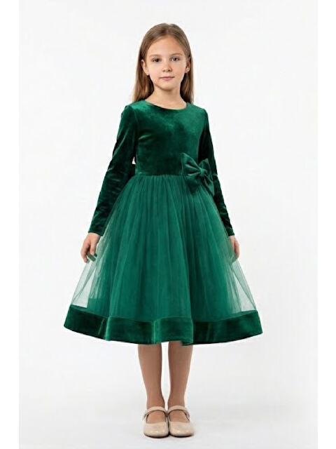 Modanino Kız Çocuk Kadife Elbise-Tül Detaylı-Fiyonk Süslemeli 2-12 Yaş 12499 - S000504752-18709
